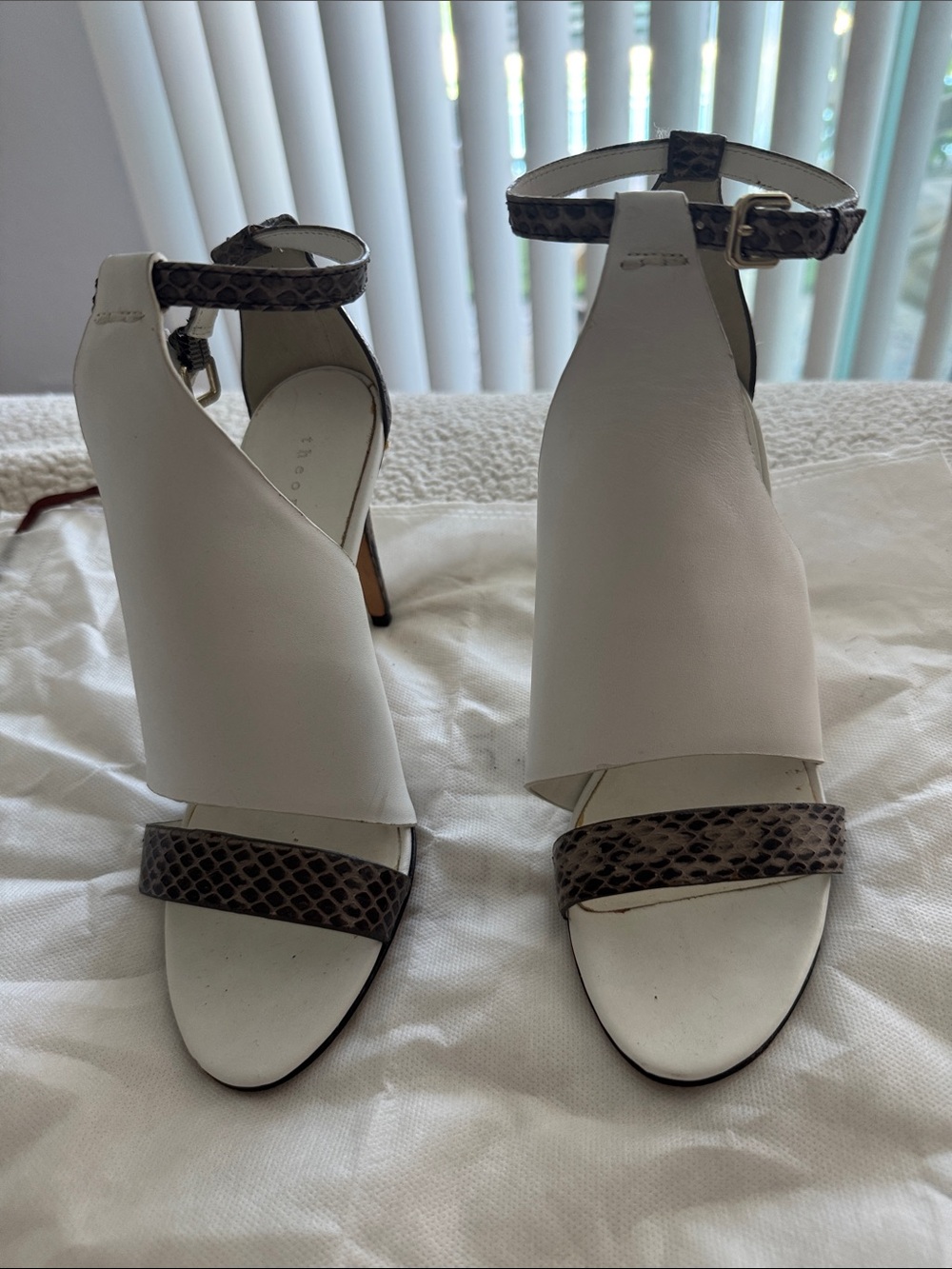 Theory White Leather Heeled Sandals with Brown Snake-Print Straps